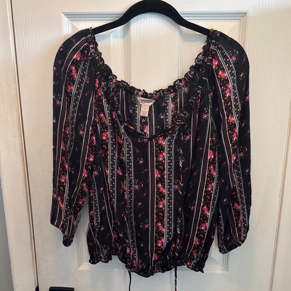 Arizona Jean Company Black and Pink Floral Blouse